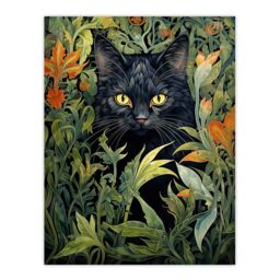 Artery8 Wall Art Print Black Cat Hiding In Flower Field Modern William Morris Style Painting Orange Green Spring Bloom Animal Portrait Poster - thumbnail 1