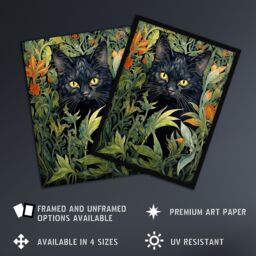 Artery8 Wall Art Print Black Cat Hiding In Flower Field Modern William Morris Style Painting Orange Green Spring Bloom Animal Portrait Poster - thumbnail 2