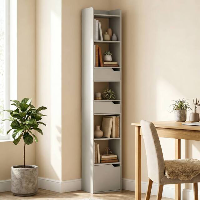 HOMCOM Bookcase Tall Narrow with 5 Tiers Drawers Grey - image 1
