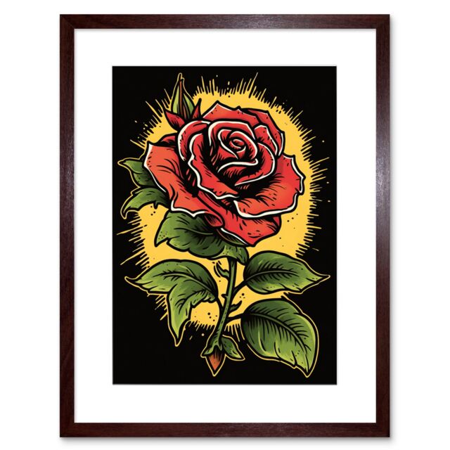 "Artery8 Wall Art Print A Single Rose Old School USA Tattoo Ink Body Art Rockabilly Americana 50s Artwork Framed 9X7 Inch in Brown - Size: W7"" x H9""" - image 1