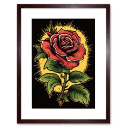 "Artery8 Wall Art Print A Single Rose Old School USA Tattoo Ink Body Art Rockabilly Americana 50s Artwork Framed 9X7 Inch in Brown - Size: W7"" x H9""" - thumbnail 1