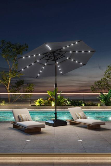 Garden Sanctuary Outdoor 3-Tier Garden Umbrella with Solar Lights & Fillable Stand in Dark Grey