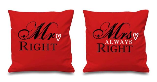 "60 SECOND MAKEOVER Mr Right Mrs Always Right Red Cushion Covers 16"" x 16"" Couples Cushions Valentines Wedding Anniversary Bedroom Decorativ"