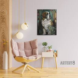 "Artery8 St Bernard Dog Floral Modern Art Nouveau Canvas Wall Art Print - Size: W24"" x H32""" - thumbnail 3