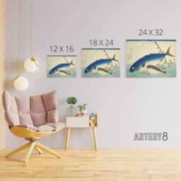 "Artery8 Hiroshige Yellowtail & Blowfish Canvas Japanese Wall Art in Blue - Size: W18"" x H24""" - thumbnail 4