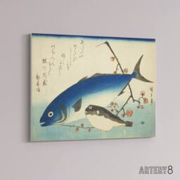 "Artery8 Hiroshige Yellowtail & Blowfish Canvas Japanese Wall Art in Blue - Size: W18"" x H24""" - thumbnail 2