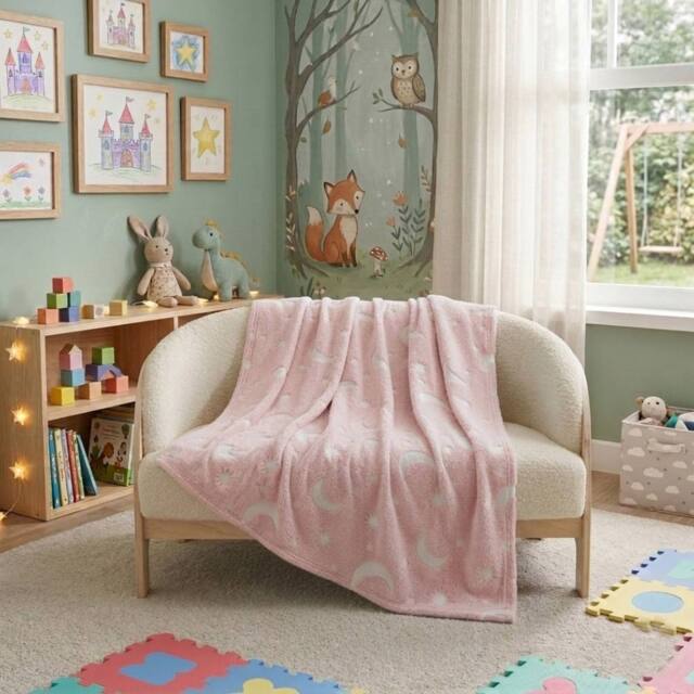 Snug City Glow in the Dark Moon Blanket Soft Galaxy Night Sky Throw for Kids in Pink - image 1