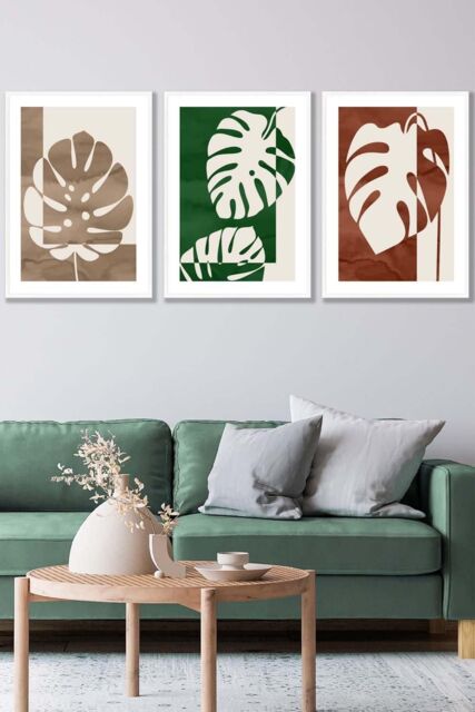 ARTZE Set of 3 White Framed Mid Century Monstera in Beige & Green Wall Art in Dark Green - Size: W33 cm x H45 cm x D20mm - image 1