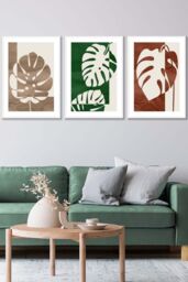 ARTZE Set of 3 White Framed Mid Century Monstera in Beige & Green Wall Art in Dark Green - Size: W33 cm x H45 cm x D20mm - thumbnail 1