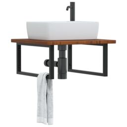 Berkfield Home Basin Shelf Wall Mounted Steel & Solid Wood Oak in Brown - thumbnail 1