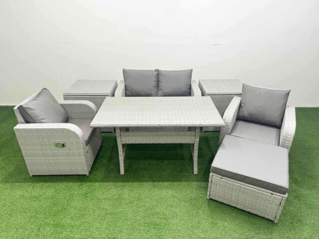 Fimous Light Grey PE Wicker Rattan Garden Furniture Set Sofa Set Reclining Chair Rectangular Dining Table 5 Seater With Footstool 2 Side Table - image 1