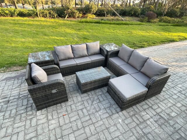 Fimous 8 Seater Rattan Outdoor Garden Furniture Sofa Set Patio Table & Chairs Set with 3 Seater Sofa Reclining Chair 3 Seater Sofa 2 Side Tables - image 1