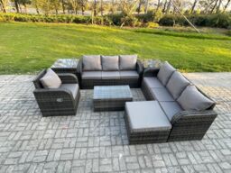Fimous 8 Seater Rattan Outdoor Garden Furniture Sofa Set Patio Table & Chairs Set with 3 Seater Sofa Reclining Chair 3 Seater Sofa 2 Side Tables - thumbnail 2