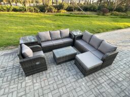 Fimous 8 Seater Rattan Outdoor Garden Furniture Sofa Set Patio Table & Chairs Set with 3 Seater Sofa Reclining Chair 3 Seater Sofa 2 Side Tables - thumbnail 1