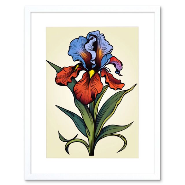 "Artery8 Wall Art Print Iris Flower Old School USA Tattoo Ink Body Art Rockabilly Americana 50s Artwork Framed 9X7 Inch in White - Size: W7"" x H9""" - image 1