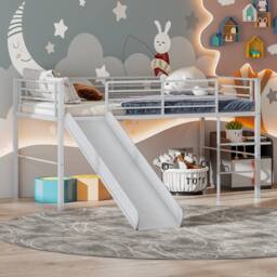 Costway Loft Bed Single Size Low Loft Bed Steel Frame w/Safety Guardrails in Silver - thumbnail 1