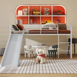 Costway Loft Bed Single Size Low Loft Bed Steel Frame w/Safety Guardrails in Silver - thumbnail 4