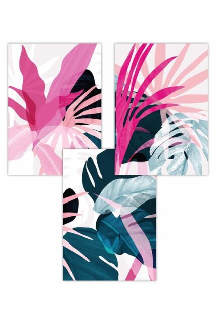 ARTZE Set of 3 Abstract Pink & Blue Tropical Triptych Art Posters - Size: W50 cm x H70 cm - image 1