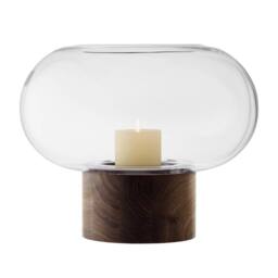 LSA Oblate Glass Vase Lantern 28cm with Walnut Base Clear - Size: 28 cm - thumbnail 2