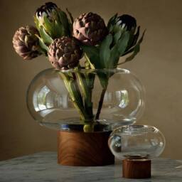 LSA Oblate Glass Vase Lantern 28cm with Walnut Base Clear - Size: 28 cm - thumbnail 5