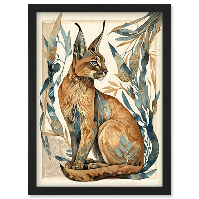 Artery8 Caracal Cat with Teal Plants Modern Art Nouveau Watercolour Illustration Artwork Framed Wall Art Print A4 in Black - image 1