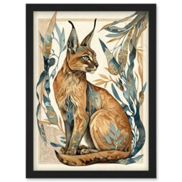 Artery8 Caracal Cat with Teal Plants Modern Art Nouveau Watercolour Illustration Artwork Framed Wall Art Print A4 in Black - thumbnail 1