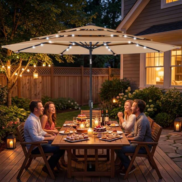 OUTSUNNY 2.8 m Garden Parasol Umbrella with Light, Patio Umbrella, Khaki - Size: 3m - image 1