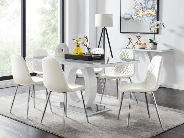 FurnitureboxUK Giovani 6-Seater Grey Glass Dining Table & 6 Corona Faux Leather Dining Chairs in White - image 1