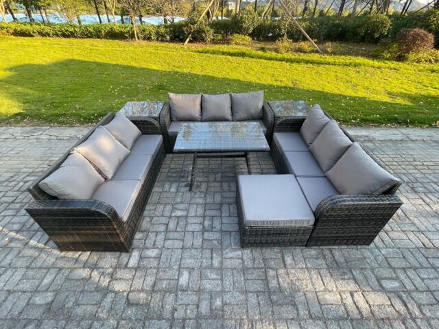 Fimous 10 Seater Wicker Rattan Garden Furniture Set with Rectangular Dining Table 2 Side Tables Big Footstool Patio Outdoor Lounge Sofa Set - image 1
