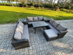 Fimous 10 Seater Wicker Rattan Garden Furniture Set with Rectangular Dining Table 2 Side Tables Big Footstool Patio Outdoor Lounge Sofa Set - thumbnail 2