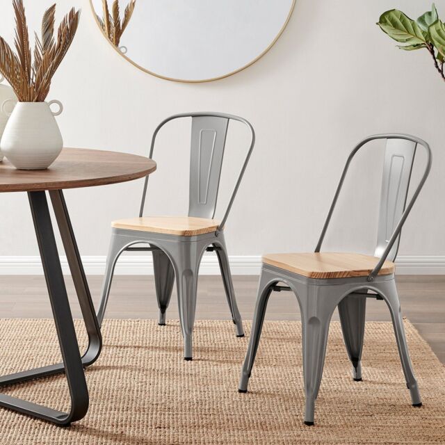 FurnitureboxUK Set of 2 Colton Industrial Steel Stackable Tolix Style Dining Chairs With Pine Seats in Grey - image 1