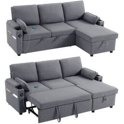 HOMCOM Corner Sofa Bed, L Shaped Sofa with Storage Chaise, USB Ports in Grey - Size: 3 Seater - thumbnail 2