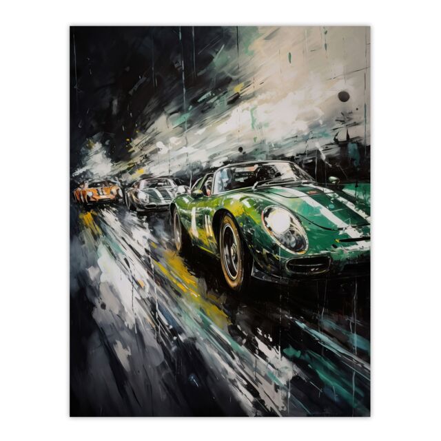 "Artery8 Wall Art Print Classic Race Cars Night Scene British Racing Green Motorsport Fan For Him Man Cave Poster - Size: W24"" x H32""" - image 1
