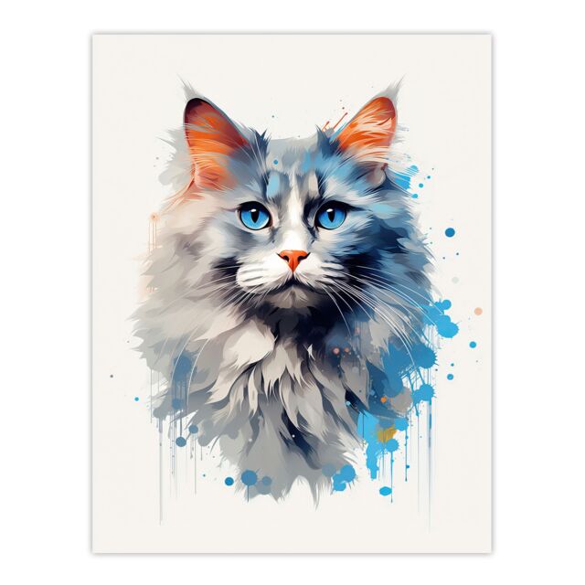 "Artery8 Wall Art Print Grey Point Ragdoll With Blue Eyes Cat Lover Gift Pet Portrait Bright Artwork Painting Poster - Size: W18"" x H24""" - image 1