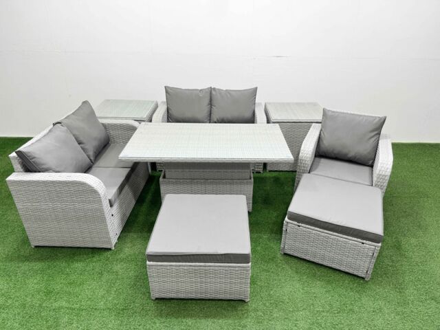 Fimous High Back Poly Rattan Garden Furniture Set w/ Reclining Chair Loveseat Sofa Adjustable Lifting Dining or Coffee Table Indoor Outdoor Patio Set - image 1