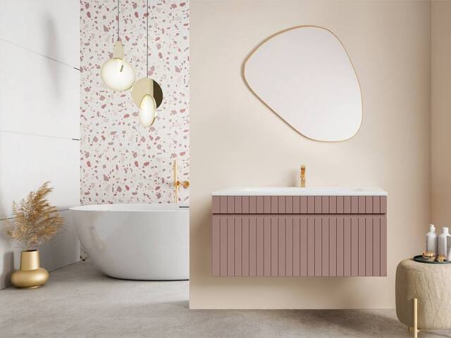 Vente-unique Fluted Wall-Hung Vanity Unit In Pink - 100 Cm - SATARA - image 1