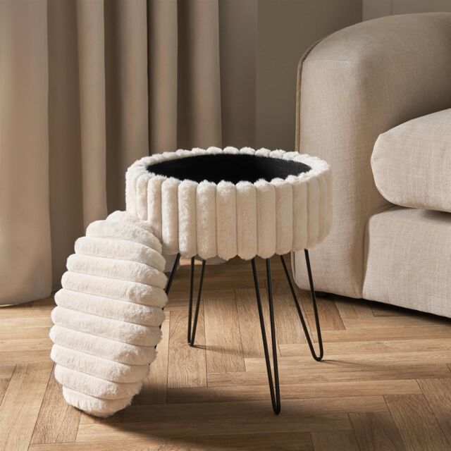 OHS Ribbed Fleece Faux Fur Hairpin Stool Vanity Seat Ottoman Footrest in Cream - image 1