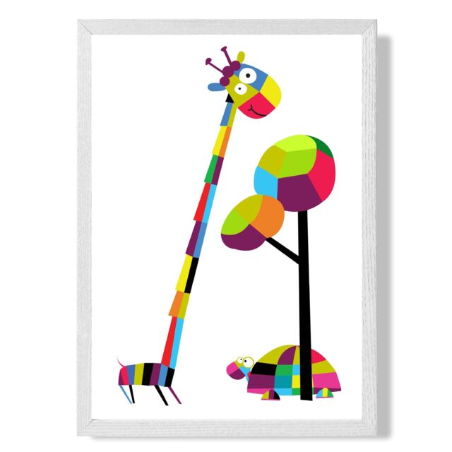 ARTZE Giraffe Bright Geometric Animal Framed Print SIZE: A3 with White Frame - Size: A4 - image 1