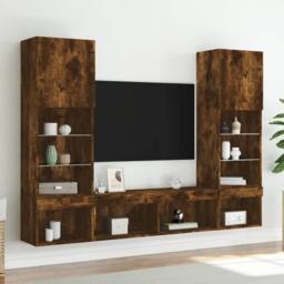 Berkfield Home Versatile 5 Piece TV Wall Units with LED Smoked Oak Engineered Wood in Brown - thumbnail 4
