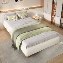 KORVIXA 3ft Single Bed Boucle Fabric Upholstered Platform Bed in Beige - Size: Double - thumbnail 4