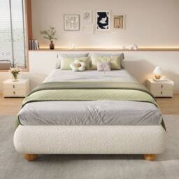 KORVIXA 3ft Single Bed Boucle Fabric Upholstered Platform Bed in Beige - Size: Double - thumbnail 3