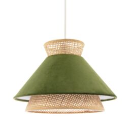 Happy Homewares Designer Dark Olive Velvet & Natural Rattan Pendant Lighting Shade - thumbnail 2