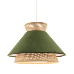 Happy Homewares Designer Dark Olive Velvet & Natural Rattan Pendant Lighting Shade - thumbnail 1