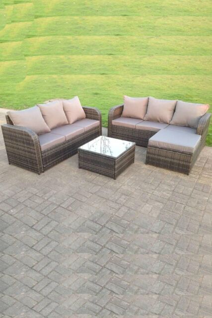 Fimous PE Wicker Rattan Garden Furniture Set Lounge Sofa Outdoor Big Footstool 7 Seater in Dark Grey - image 1