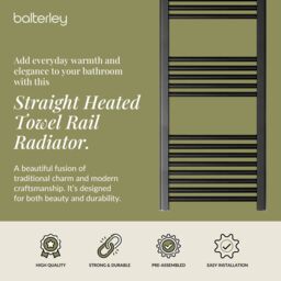 Balterley Straight Heated Towel Rail Radiator, 732W, 400 x 1600mm, Matt Black - thumbnail 2