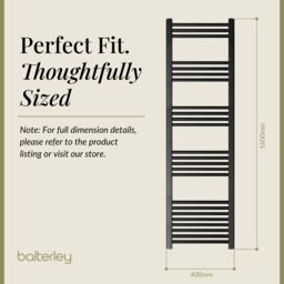 Balterley Straight Heated Towel Rail Radiator, 732W, 400 x 1600mm, Matt Black - thumbnail 5