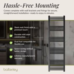Balterley Straight Heated Towel Rail Radiator, 732W, 400 x 1600mm, Matt Black - thumbnail 4