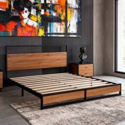 FURNITURE ONE Metal Bed Frame with Headboard & Footboard, Solid Slatted in Brown - Size: EU King - thumbnail 1