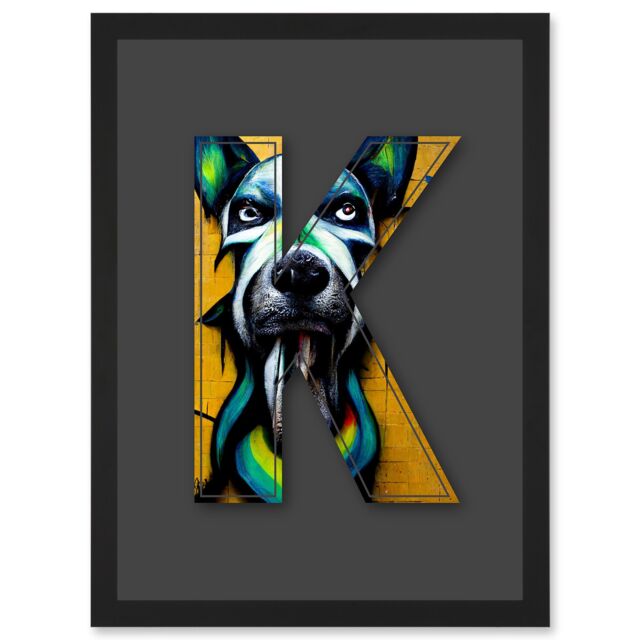 Artery8 Letter K Dog Face Yellow Decorative Graffiti Mural Alphabet Initial Stencil Artwork Framed Wall Art Print A4 in Black - image 1