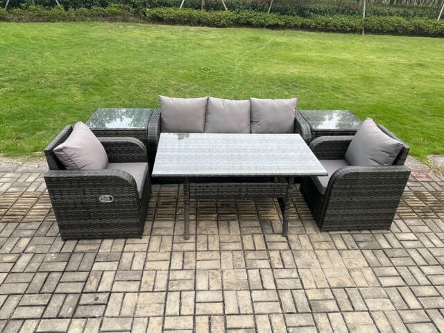 Fimous Wicker PE Rattan Garden Furniture Set Outdoor Rectangular Dining Table & Chair Sofa Set With 2 PC Side Table in Dark Grey - image 1